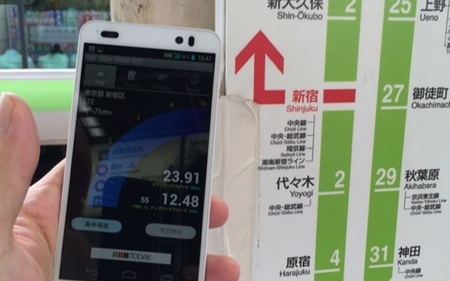 新宿駅での速度結果。下り23.91MbpsならWebブラウジングにもまったく支障がないなかなかの通信速度といえる