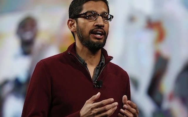 Google I/Oでブレゼンする、Google社Android、Chrome、アプリ担当上級副社長のスンダル・ピチャイ氏　(c) Getty Images