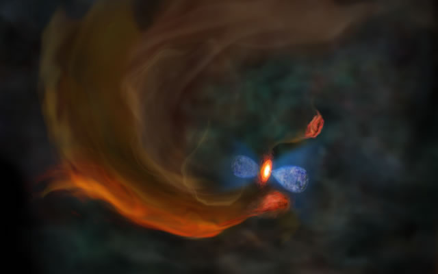アルマ望遠鏡の観測結果をもとに描いた、分子雲コアMC27中心部の想像図（出典：国立天文台）