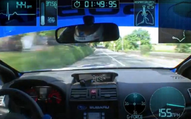 新型スバル WRX STI の英マン島一周チャレンジ。速度計は155マイル（約250km）/hを示す