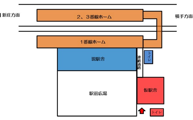 湯沢駅の現駅舎と仮駅舎の位置。7月26日から仮駅舎の使用を開始し、現駅舎は解体されることになる。