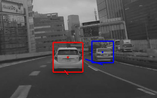 車両検出の例（検出対象毎に色分け表示。線は速度ベクトル）