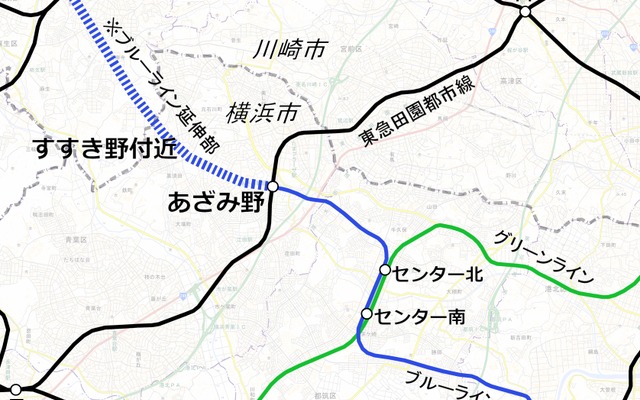ブルーライン延伸部の想定ルート（青点線）。川崎市内の新百合ヶ丘まで延伸する。