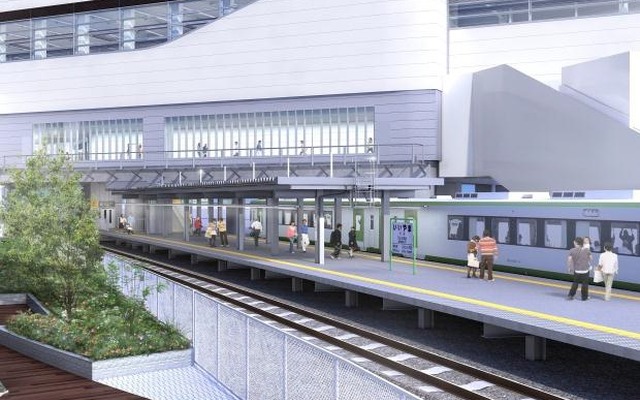 北陸新幹線との交差部に移転する飯山駅の完成イメージ。地上に島式ホームを設置し、駅舎は新幹線駅併設の橋上駅舎となる。
