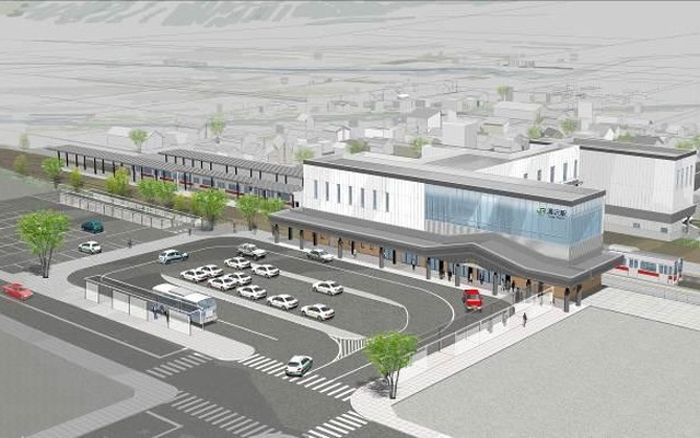 湯沢駅の新駅舎のイメージ。駅舎は橋上化され、駅の東西を結ぶ自由通路も設けられる。
