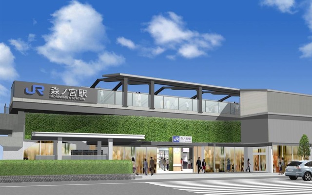 JR西日本がこのほど発表した森ノ宮駅の駅舎外観イメージ。「森」にちなんで外壁を緑化する。