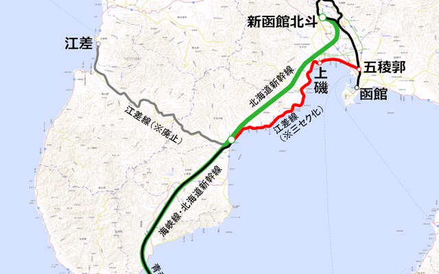 三セク会社が引き継ぐ江差線（赤）とその周辺のJR線。三セク会社の列車は函館本線に乗り入れて函館駅まで運転する。