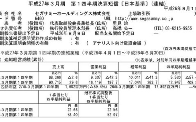 セガサミーホールディングス平成27年3月期第1四半期決算スクリーンショット
