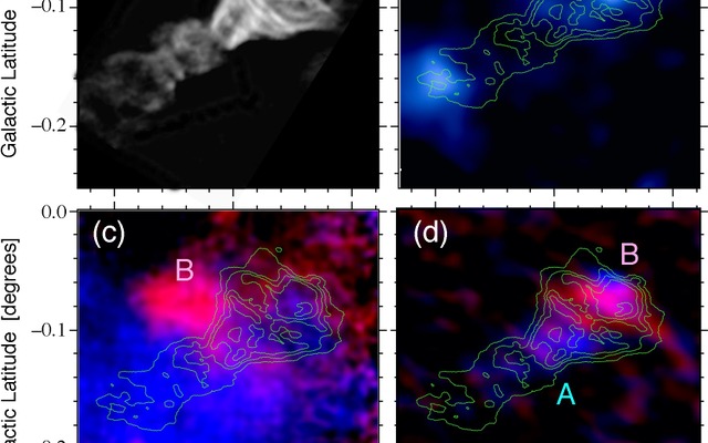 (a)トルネードの電波写真（Brogan & Goss 2003, AJ, 125, 272 より作成）。(b)等高線で電波強度を表し、X線イメージを重ねた図。(c)電波強度の等高線と一酸化炭素スペクトル線強度分布を重ねた図。赤は遠ざかる運動を、青は近づく運動を表している。(d)電波強度の等高線と衝撃波に特徴的なスペクトル線の強度分布を重ねた図。遠ざかる運動を赤で、近づく運動を青で表している。