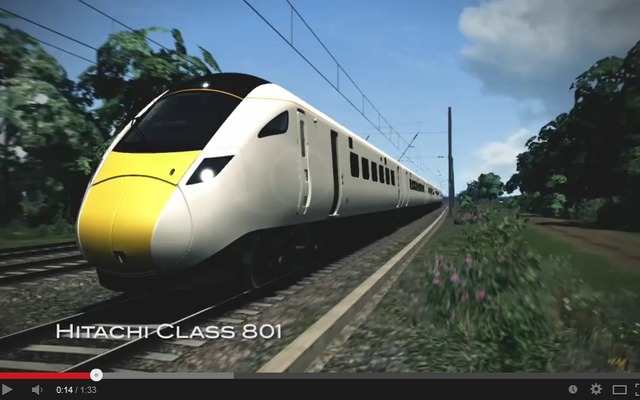 英国高速車両として導入される予定の日立製クラス801（「Train Simulator 2015」最新トレーラーより）。