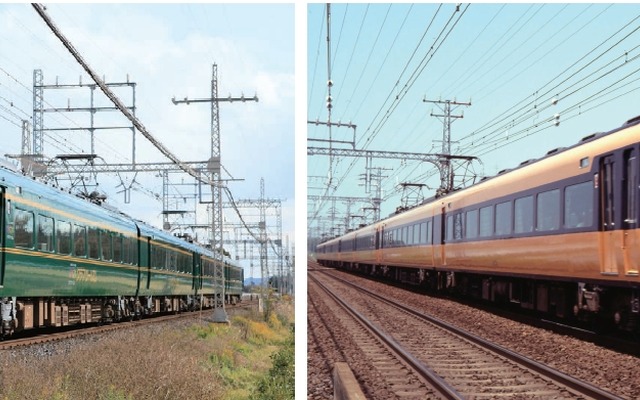 青山町車庫で連結される「かぎろひ」（左）と12200系（右）。両編成を連結した撮影会が青山町車庫で行われる。