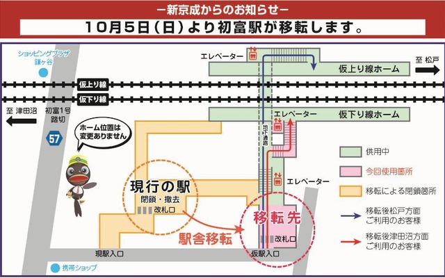 初富駅の仮駅舎移転の案内。10月5日から改札口が移転するが、ホームの位置は現在と変わらない。