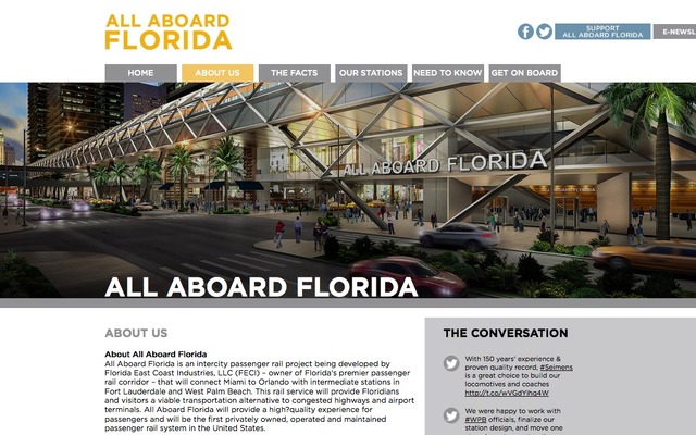 シーメンス製車両を導入すると発表した、米フロリダ州の都市間旅客鉄道「All Aboard Florida」のウェブサイト。駅のイメージイラストが掲載されている
