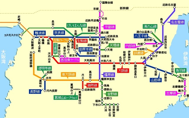近鉄線の路線図。UQコミュニケーションズは近鉄奈良線の対策をもって近鉄線のWiMAXエリア整備を完了した。