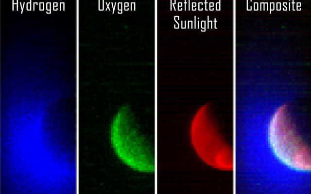 紫外線分光器による火星大気の観測画像。左から水素、酸素、火星表面からの太陽光反射、複合画像を示している。