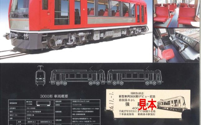 箱根登山鉄道が発売する3000形「アレグラ号」デビュー記念乗車券。乗車券3枚セットで台紙が付く。