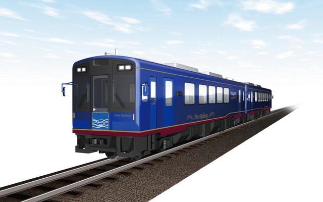 のと鉄道が導入する予定の増備車のイメージ。2015年4月29日から観光列車『のと里山里海号』として運行を開始する。