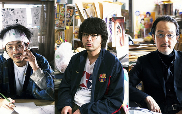 山田孝之（服部哲役）＆リリー・フランキー（佐々木編集長役）＆宮藤官九郎（川口たろう役）／『バクマン。』 　-(C)2015映画「バクマン。」製作委員会　(C)大場つぐみ・小畑健／集英社