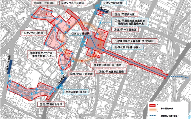 環状第二号線新橋・虎ノ門周辺地区の整備計画区域図。虎ノ門ヒルズ西側の桜田通りに日比谷線の新駅を整備する。銀座線虎ノ門駅や日比谷線神谷町駅の改良も行われる。