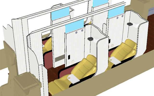 新はかた号のプレミアムシートは、通路とシートをパーテーション区切り、落ち着きのあるプライベート空間を作る。