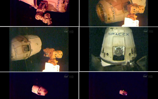 SSRMSから放出され、ISSを離れるドラゴン補給船運用4号機（出典：JAXA／NASA）