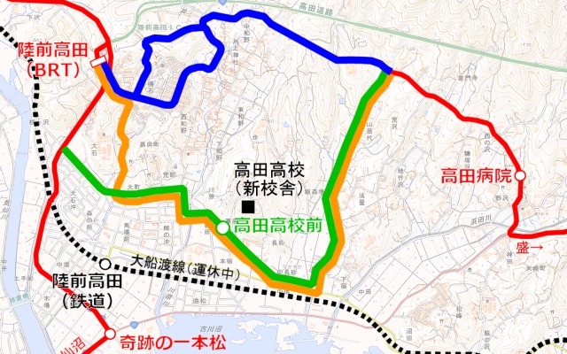 大船渡線BRTの陸前高田～高田病院間。現行ルート（青）は12月中旬から冬季ルート（オレンジ）に変更。2015年3月からさらにルートを一部変更（緑）し、高田高校前駅を新設する。