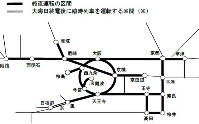 JR西日本は大みそかから元日にかけて京阪神エリアで行う終夜運転などの概要を発表。図中の太線の路線で終夜運転を行う