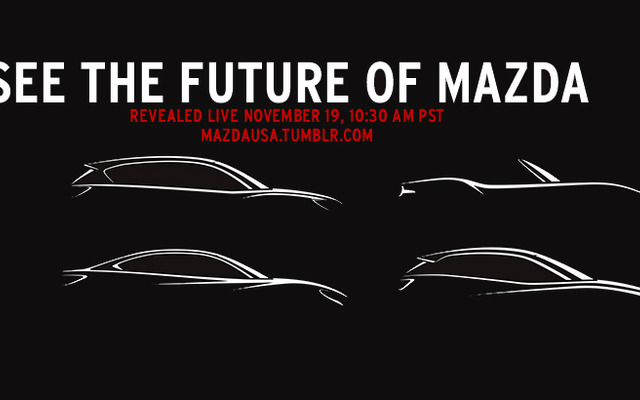 マツダの新型車の予告スケッチ。左上から時計回りにCX-5、ロードスター、CX-3、アテンザ