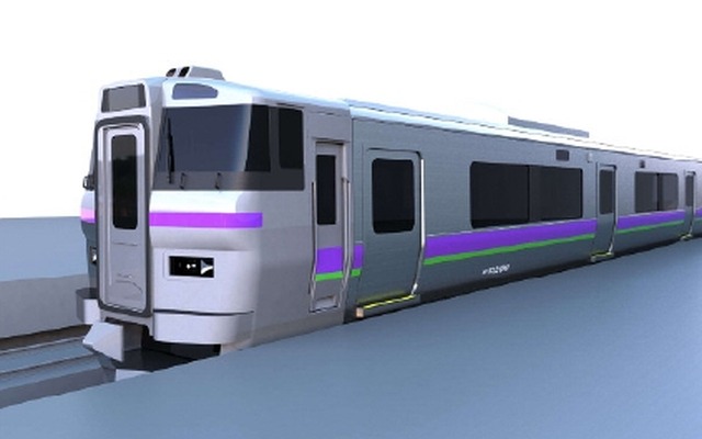 函館～新函館北斗間のアクセス列車に投入される733系1000番台。H5系の紫色とJR北海道のコーポレートカラーを組み合わせた帯を付ける。