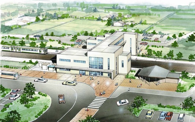 リニューアル後の大更駅のイメージ。駅舎は橋上式になる模様。