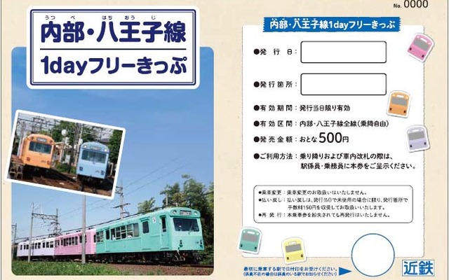 「内部・八王子線1dayフリーきっぷ」のデザイン（表面）。発売当日に限り内部・八王子線が自由に乗り降りできる。