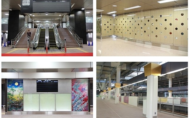 12月13日に北陸新幹線開業100日前イベントの一環として新幹線金沢駅の見学会が開催される。写真は改札内コンコース（左上）、ホーム（右上）、中2階の待合室（左下）と通路（右下）。