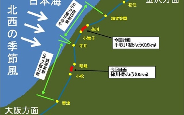 JR西日本は北陸新幹線との接続が図られる北陸本線金沢以西区間の強風対策を強化。日本海からの季節風が吹く橋りょう2カ所に防風柵を整備する。