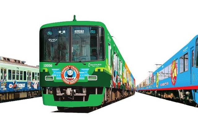 「京阪電車きかんしゃトーマス号2015」のイメージ。今回は8000系（右）に初めて「トーマス」のラッピングが施される。