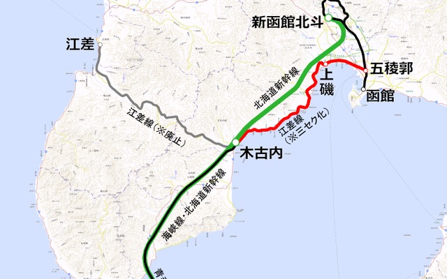 江差線（赤）とその周辺のJR線。北海道新幹線の新函館北斗開業にあわせ、江差線の経営がJR北海道から道南いさりび鉄道に移管される。