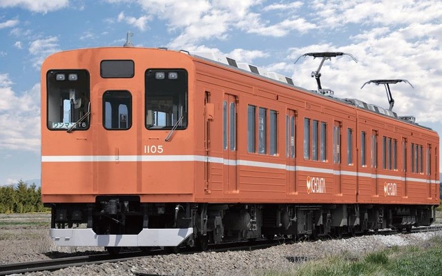 一畑電車1000系のイメージ。東急の1000系を譲り受けた。車体デザインはオレンジ色と白線の組み合わせに変更される。
