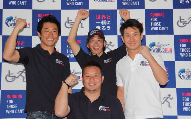 「Wings for Life World Run」アンバサダーに就任した室屋義秀（左）、京谷和幸（中央下）、砂田貴裕（中央上）、小林可夢偉（右）