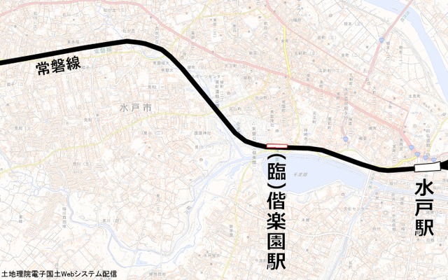 偕楽園駅の位置。下りホームのみ設置されており、原則として2～3月の観梅期に限り下り列車が停車する。