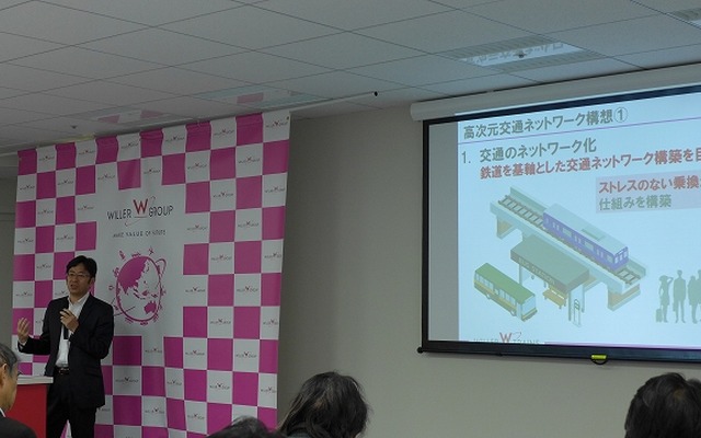 京都丹後鉄道が目指す「高次元交通ネットワーク」の説明をするウィラー・トレインズの村瀬社長。4月1日からの運行引継ぎを目指す。