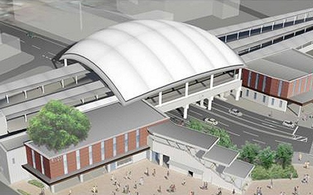 甲子園駅の改良工事完成後のイメージ。ホームを線路ごと覆う大屋根が特徴だ。