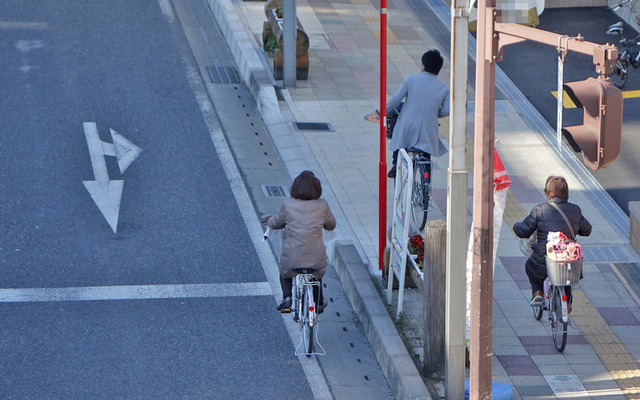 車道を逆走する自転車。通行区分違反によって交通切符が交付され、安全講習が課されることになる
