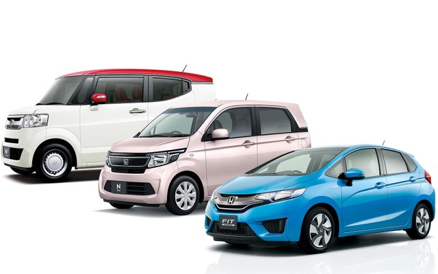 1月の新車販売トップ10に入ったホンダ車。左からN-BOX（スラッシュ）、N-WGN、フィット