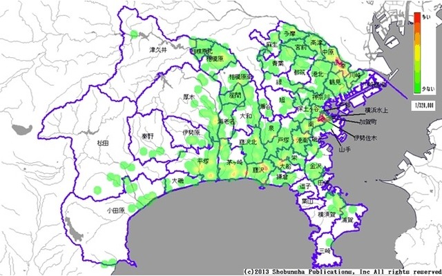 神奈川県内のひったくり発生状況がひと目で分かる「ひったくり発生マップ( 県内全域発生マップ（平成26年12月末現在）)」も掲載されている(画像はWebサイトより)