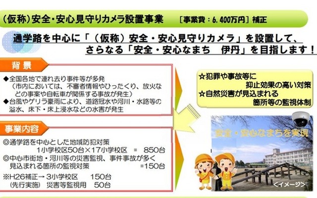 補正予算を含め6,400万円の事業費で1,000台の防犯カメラを設置予定。犯罪や事故の抑止だけでなく自然災害への監視体制も強化するという（画像は伊丹市　H26年度2月補正予算（案）、H27年度当初予算（案）より）