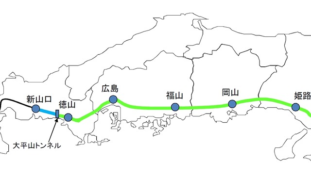 山陽新幹線内で携帯電話通信サービスが利用できる区間（緑）。3月27日からは新山口駅まで（青）利用可能に。年内には小倉～博多間（オレンジ）でも利用できるようにする。