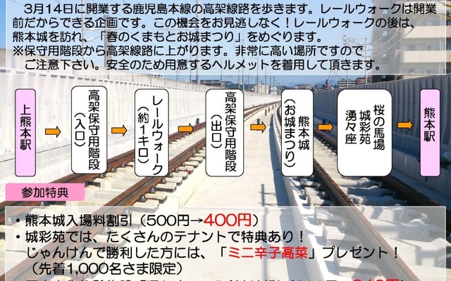 新たに整備された鹿児島本線の高架橋を歩く「みんなで行こう！レールウォーク！！」の案内。3月14日の高架橋使用開始に先立ち、3月1日に行われる。