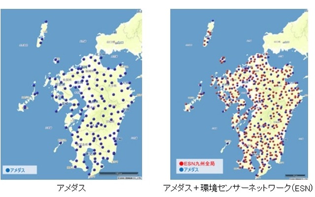 アメダスに環境センサーネットワーク（ESN）を加えることで、より精緻なデータを収集可能（九州の例）