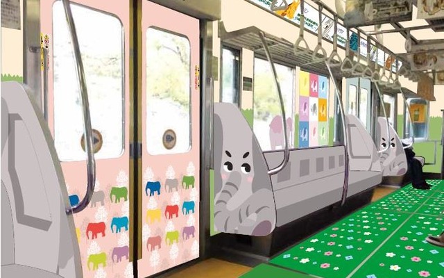 「新TamazooTrain」の内装イメージ。1号車からゾウ・トラ・シカ・ペリカンの順で動物のイラストを使った装飾を施す。