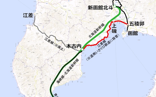 JR北海道が今回廃止を届け出た区間（赤）。北海道新幹線の開業にあわせて道南いさりび鉄道が経営を引き継ぐ。