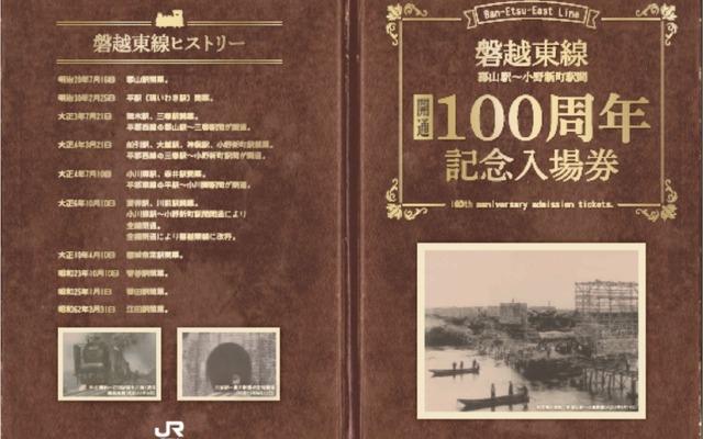 3月21日から発売される、郡山～小野新町間開業100周年記念入場券の台紙イメージ。磐越東線の昔の写真や年表などがデザインされている。